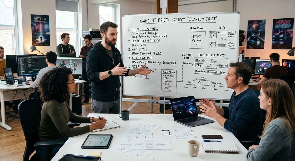 Game UI design team reviewing a project brief