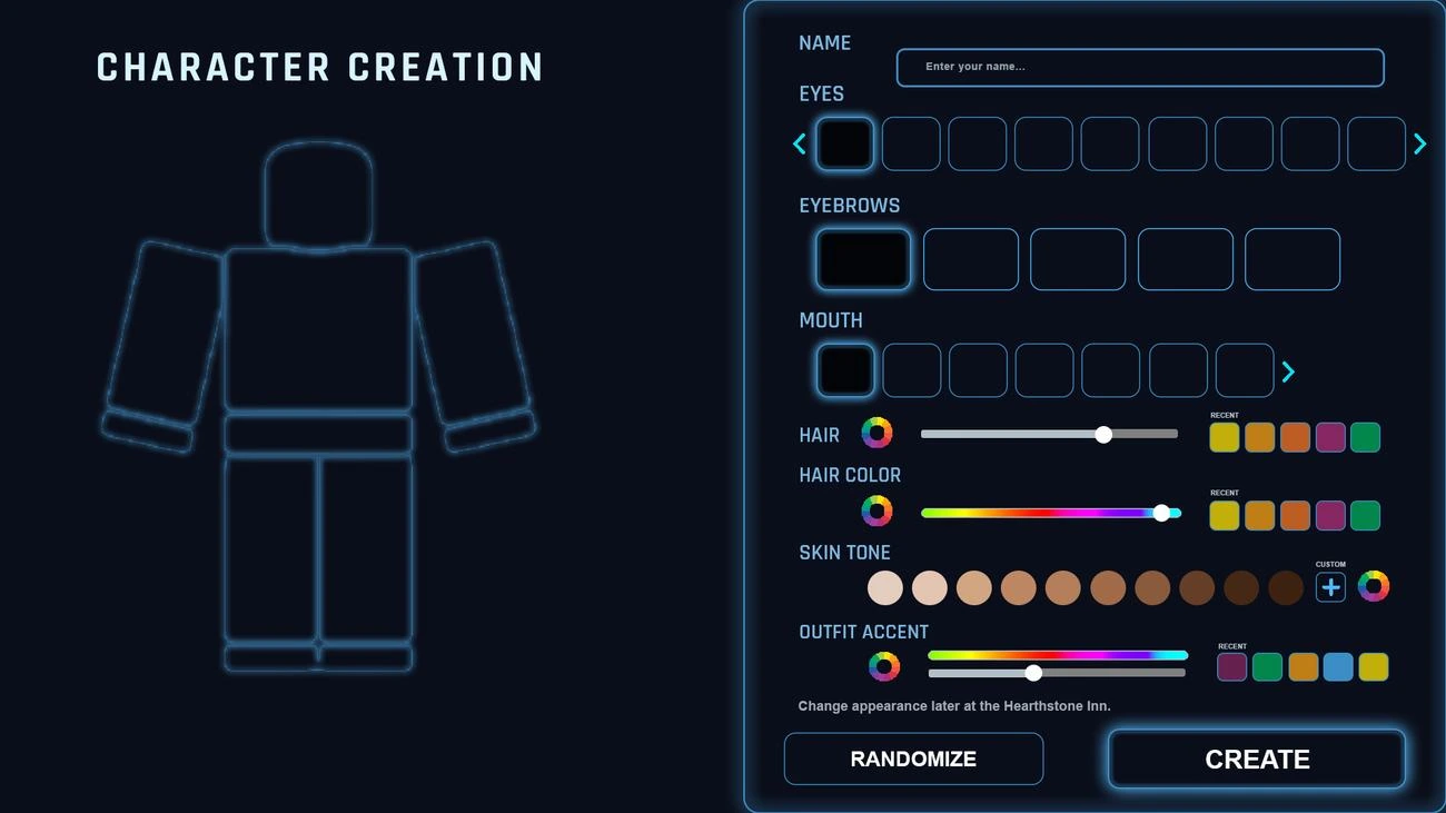 Ascendant Link RPG character creation interface and customization controls