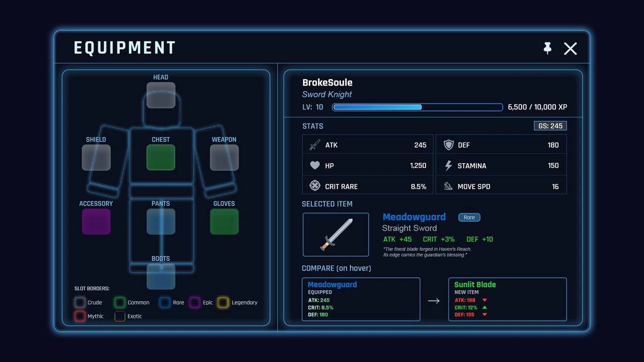 RPG equipment paper-doll UI panel design