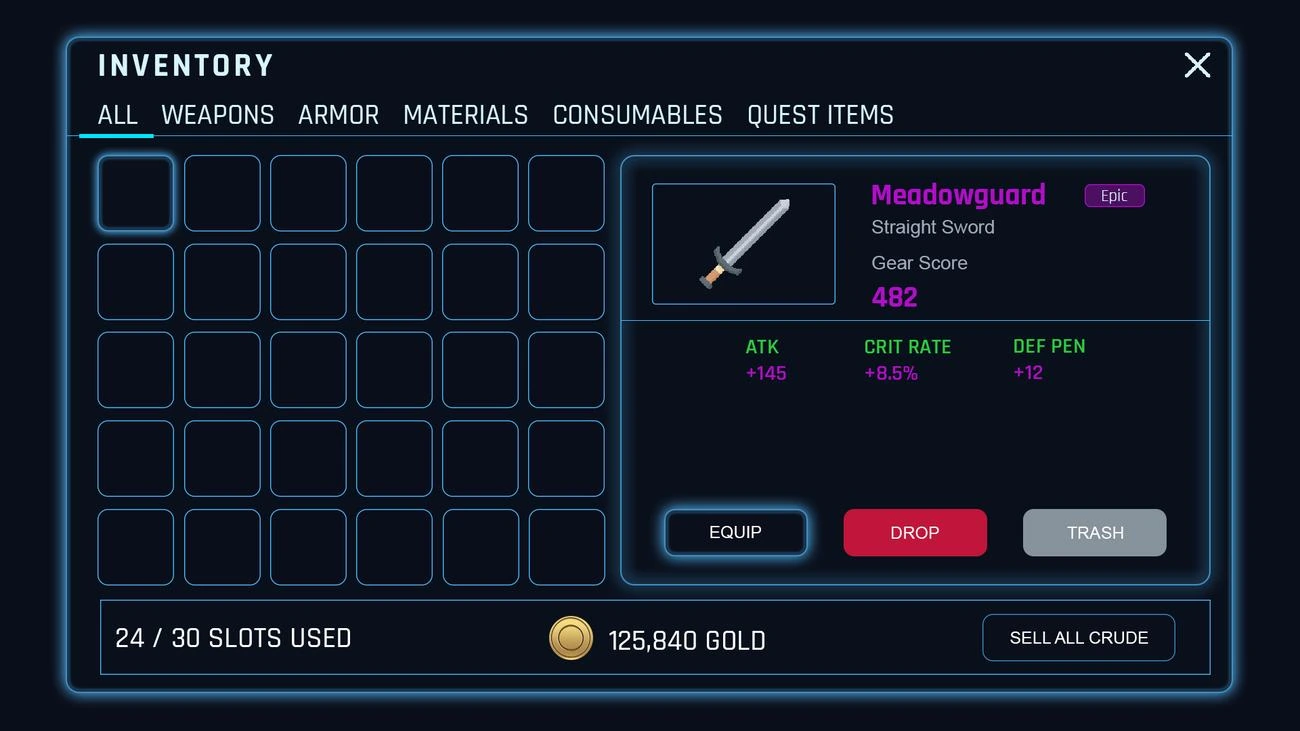 Roblox RPG inventory grid UI design
