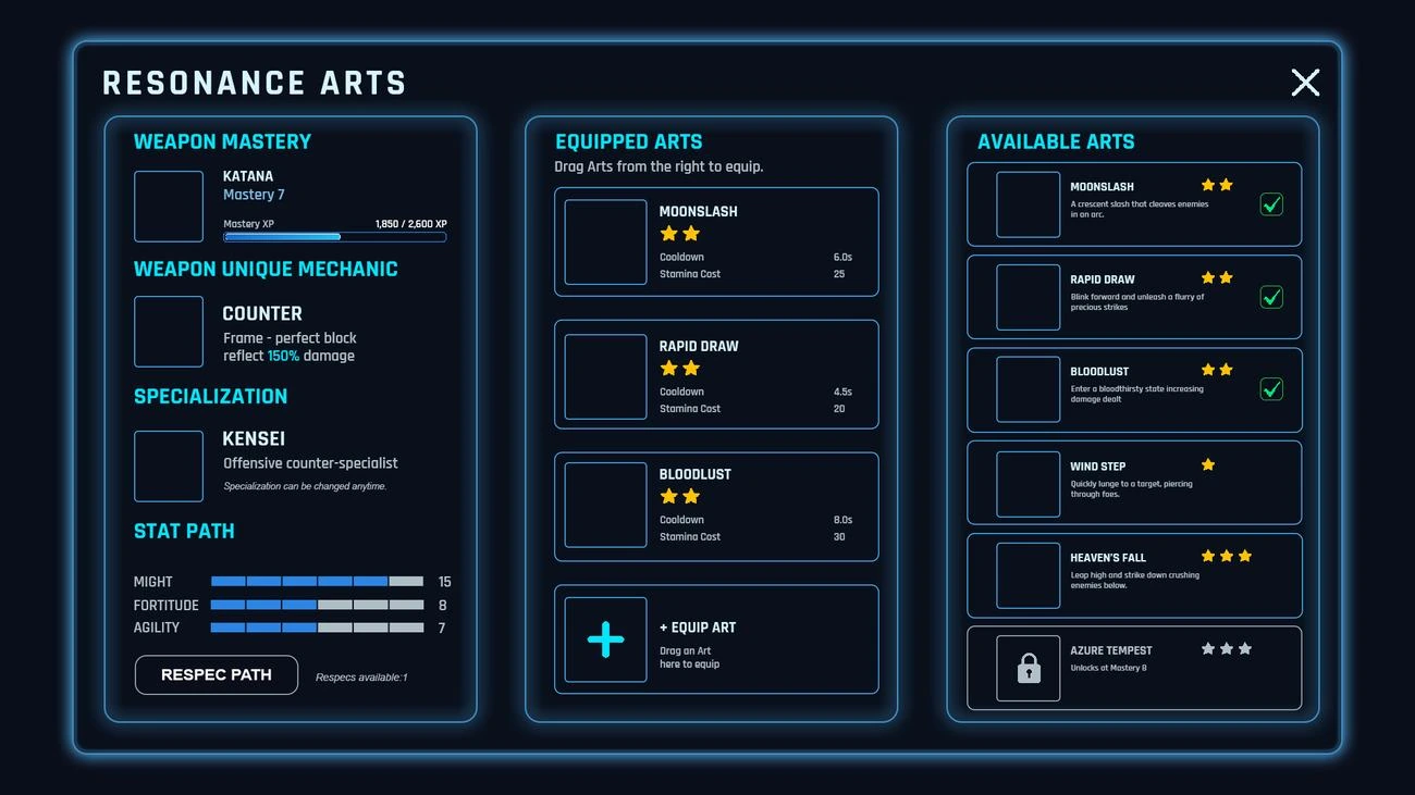 Game combat skill loadout UI design