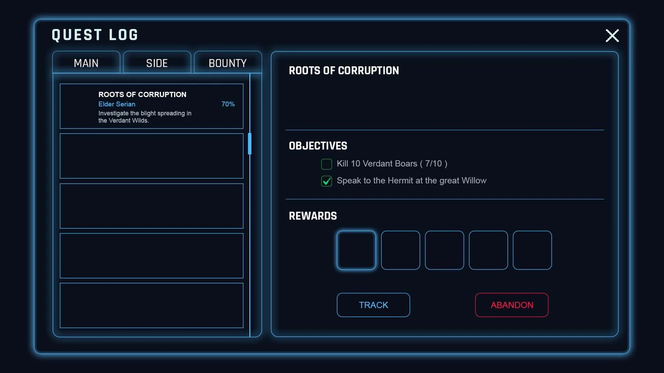 Game quest log and tracking UI design