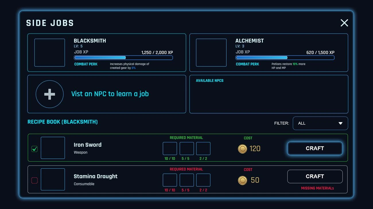 Game crafting and side jobs UI design