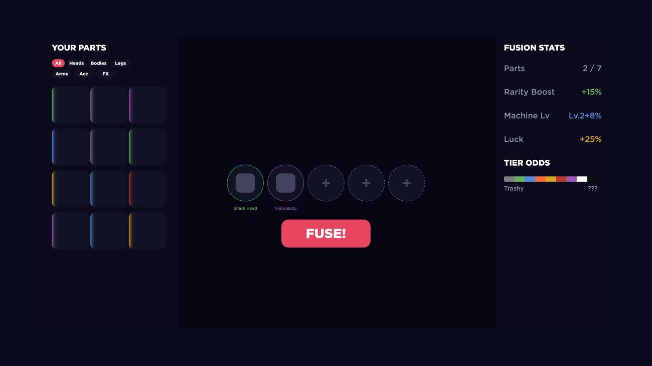 Roblox inventory UI — part fusion selection screen