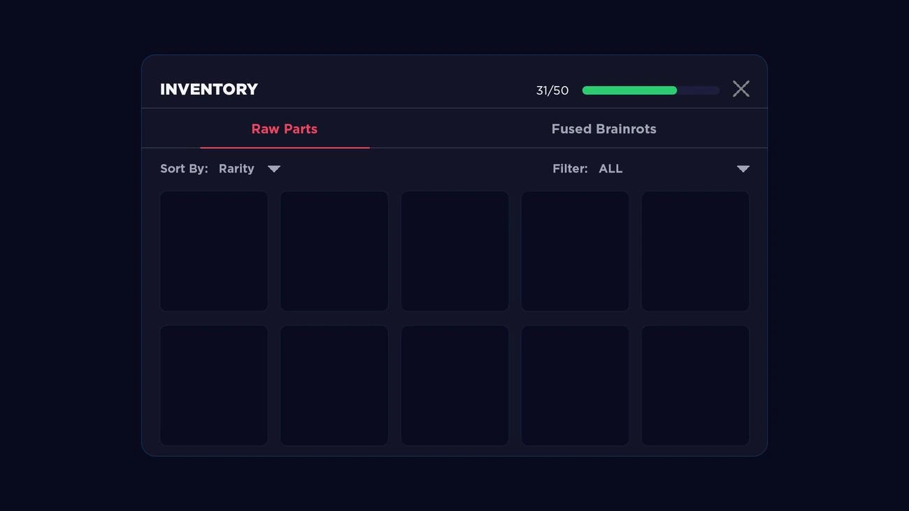 Roblox inventory UI design with item grid and rarity tiers