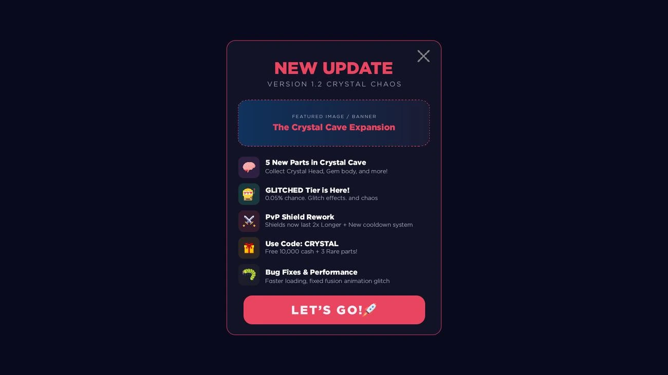 Game update patch notes popup UI design