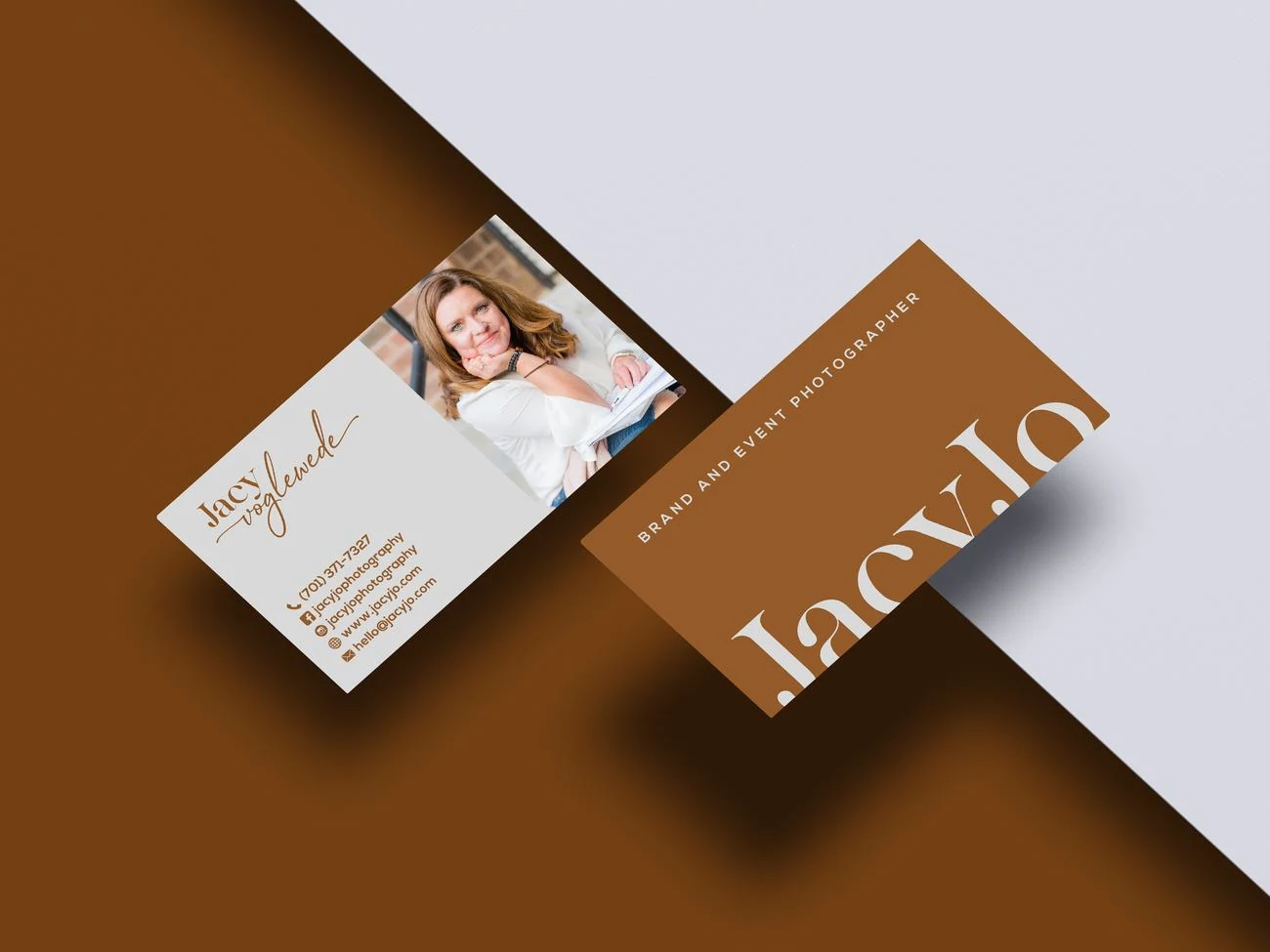 JacyJo Photography business cards featuring the refined wordmark and warm brand colors