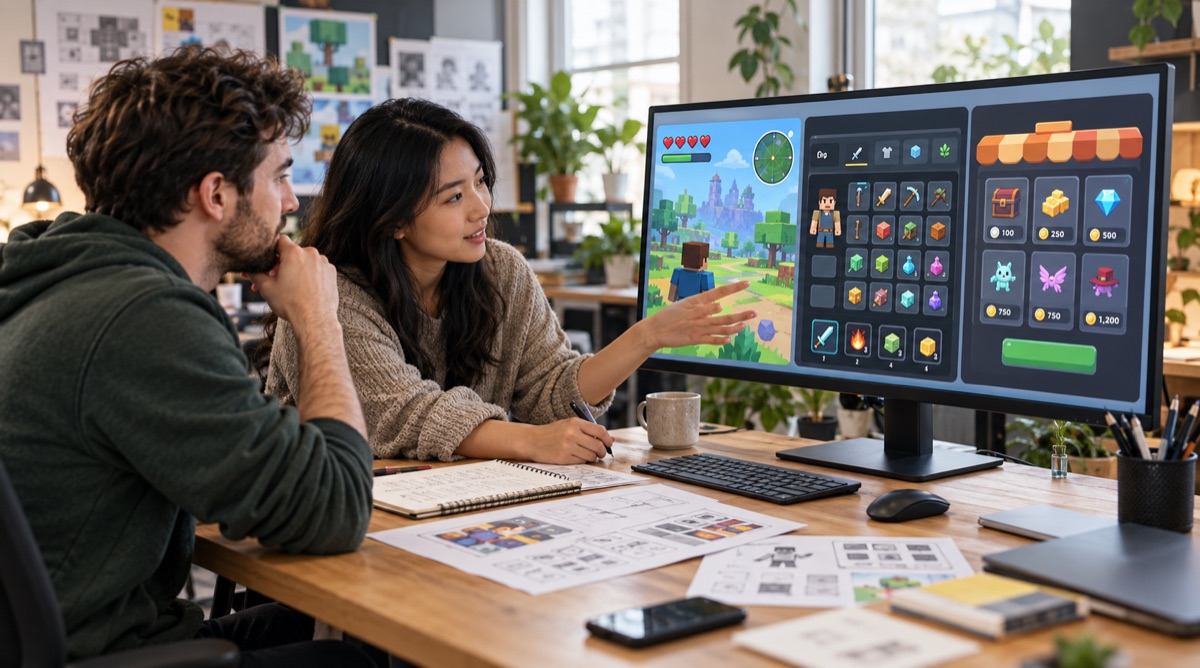 Illustrative studio scene of a designer and developer reviewing a game HUD, inventory and shop